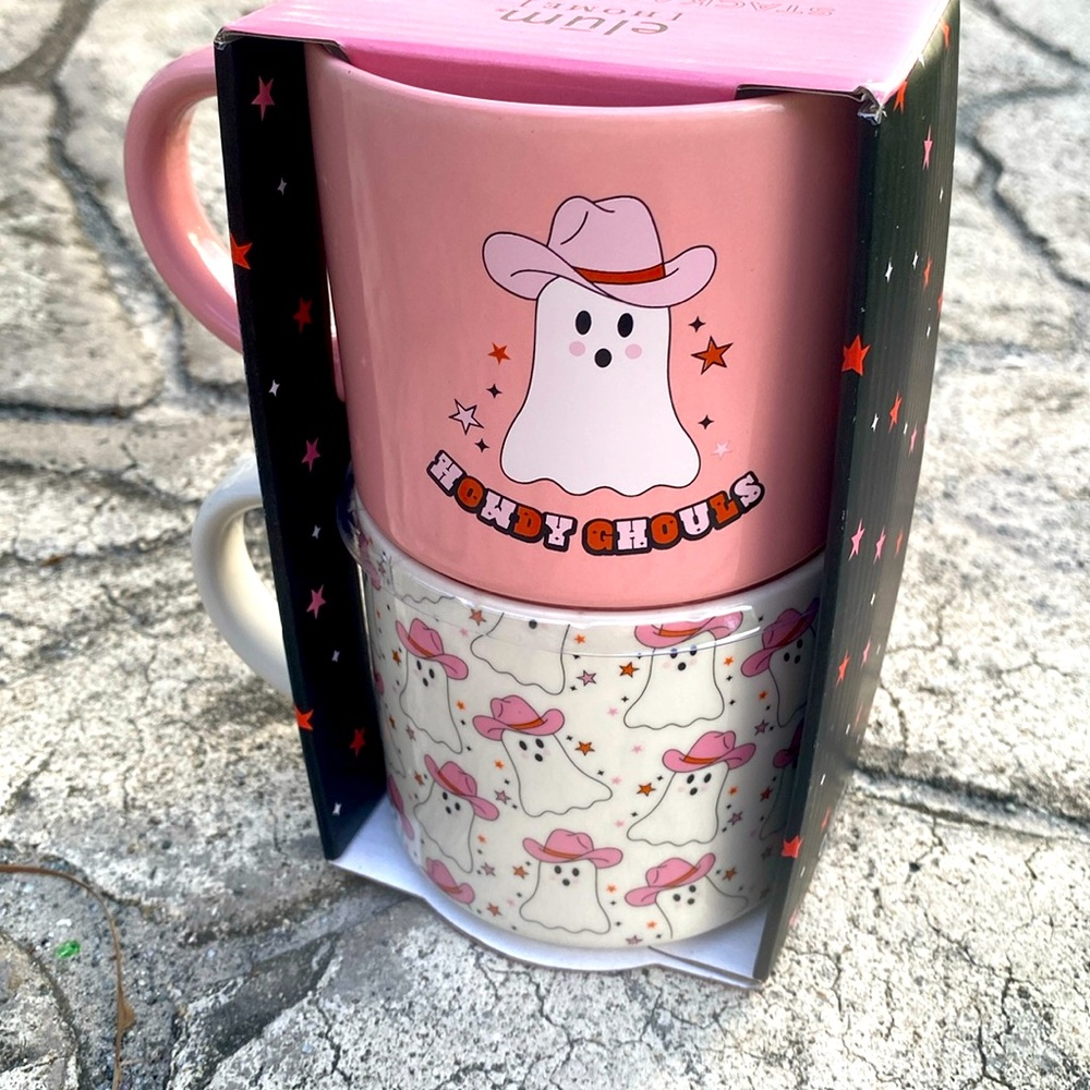 Howdy Ghouls Halloween PINK Ghost Cowboy Mugs Set of 2 (NEW)